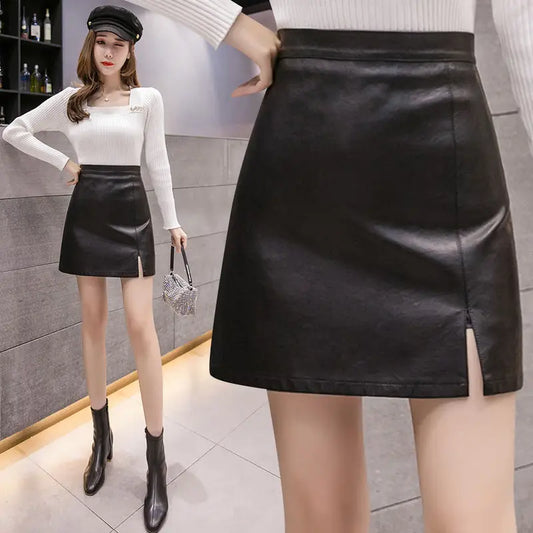 PU Leather Skirt Skirt Women&#39;s High Waist A- line Skirt 2020 Autumn Woman Skirts Mujer Faldas Saias Mulher